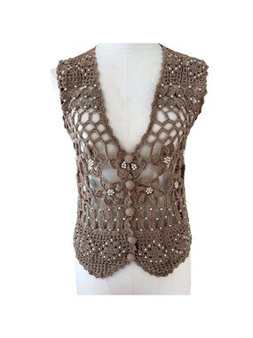 Vintage Women's Crochet Lace Sweater Vest Size S  Sheer Pearls Boho Cottagecore